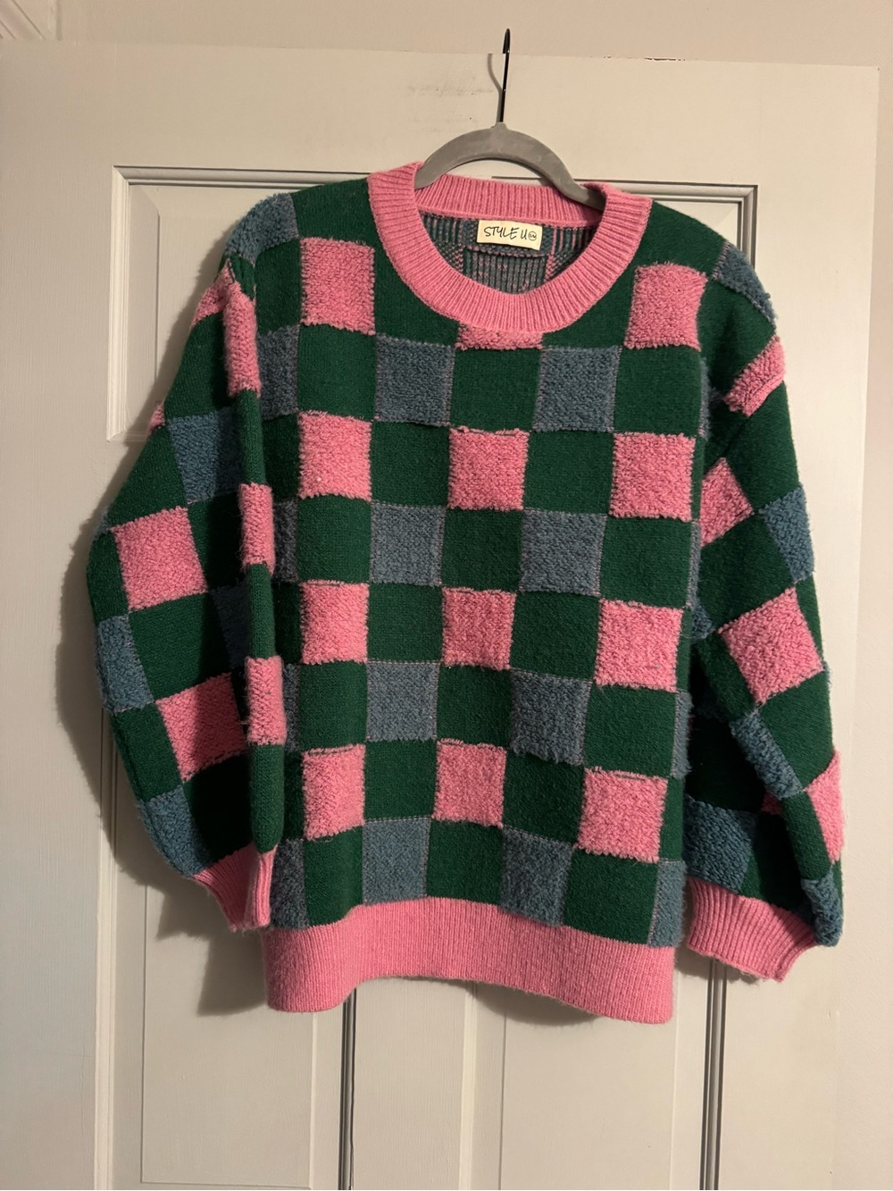 Cozy Checkerboard Crewneck Sweater in Pink, Green & Blue by